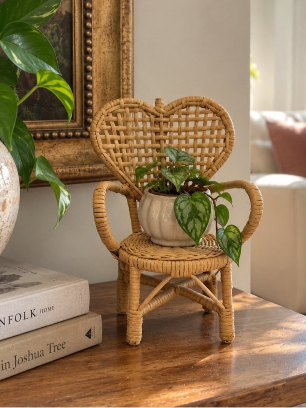 Vintage Wicker Rattan Mini Chair Heart Back Plant Stand Boho Cottagecore Decor